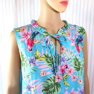 CARIBBEAN JOE Ruffle Slit Front Tie Neck Sleeveless Blouse Tropical Teal…